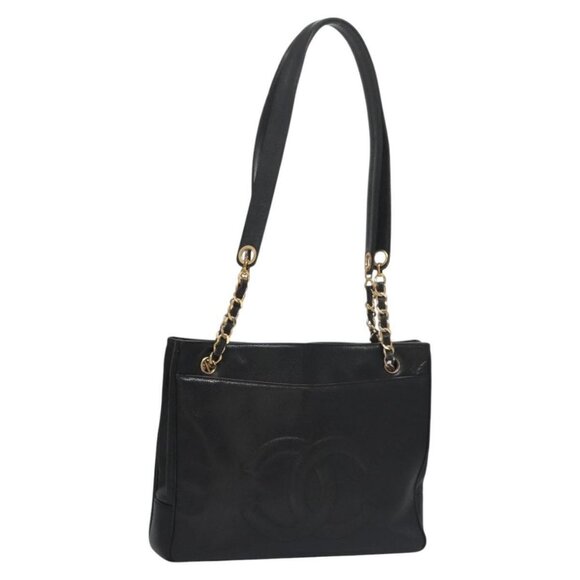 CHANEL Big COCO Mark Chain Tote Bag Caviar Skin Black Gold - Picture 1 of 16